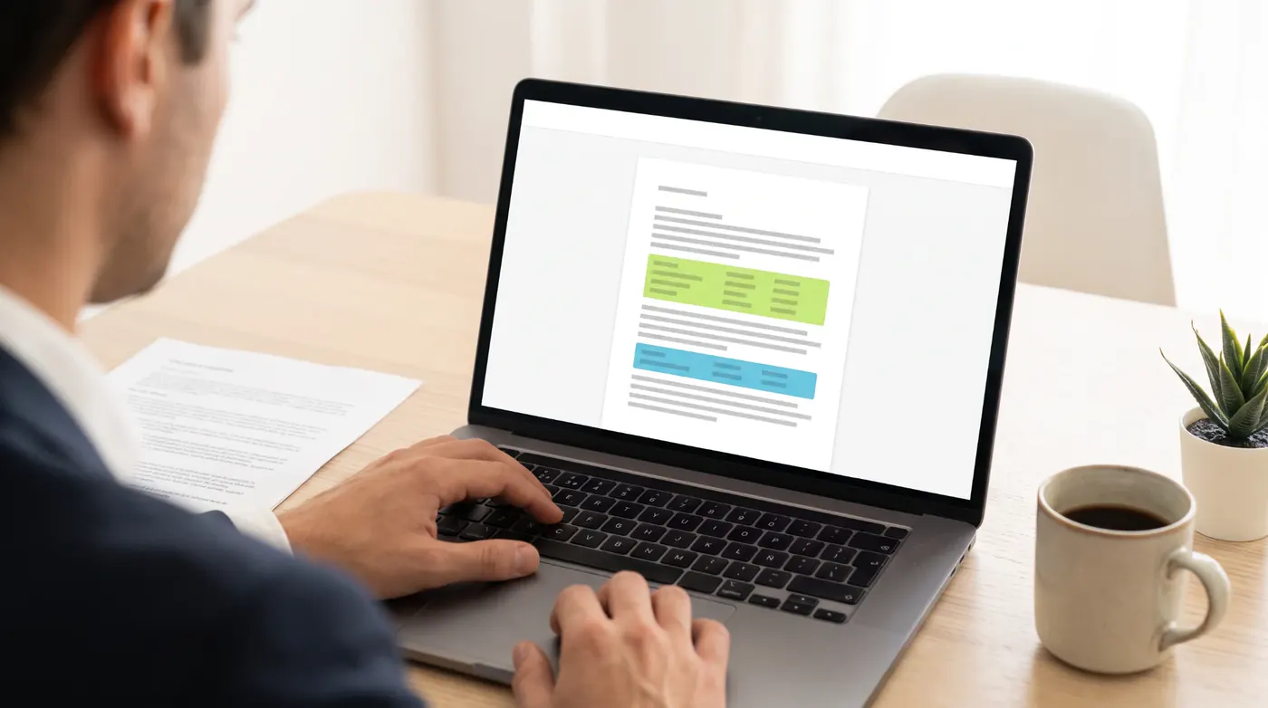 Un portátil muestra un documento con los datos resaltados en verde y azul
