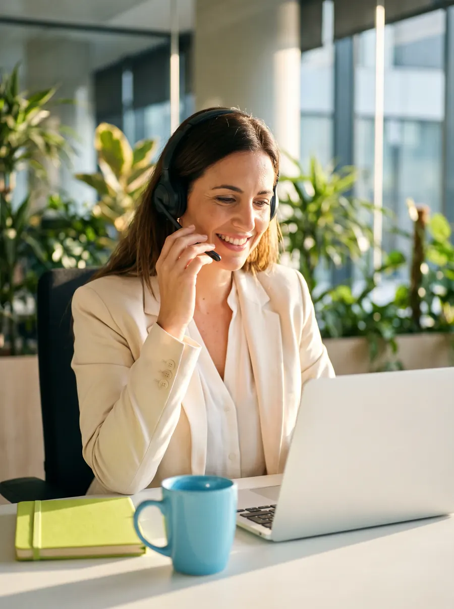 Una asesora sonríe mientras habla por teléfono con un cliente